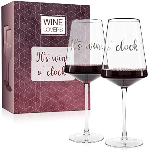 ILP 2er Set XXL Weinglas 750 ml - It's wine o'clock Geschenkset Wein Geschenk mit witzigem Weinglas Spruch - Geschenkset Wein für Paare Frauen Männer - Kleine Weihnachtsgeschenke für Kollegen