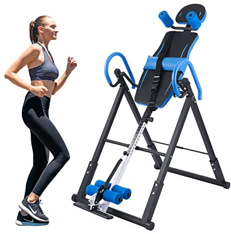 ZELUS Inversionsbank Klappbar Inversionstisch 150 kg Schwerkrafttrainer mit 4 Inversionswinkeln Hyperextension Rückentrainer für Zuhause Rückenstrecker mit Verstellbarer Kopfstütze, Schutzgürtel Blau