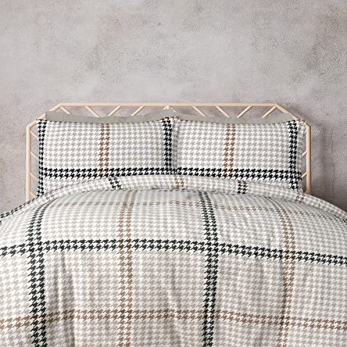 Sleepdown Houndstooth Check Lilac Brown 100% Brushed Cotton Reversible Duvet Cover Quilt Bedding Set with Pillowcase Warm Soft Easy Care Bed Linen - Single (135cm x 200cm)
