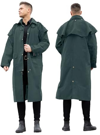RESISTANCE Unisex Western Oilskin Waterproof Duster Coat, Workwear Black Brown Long Rain Coat With Brass Button And Pockets