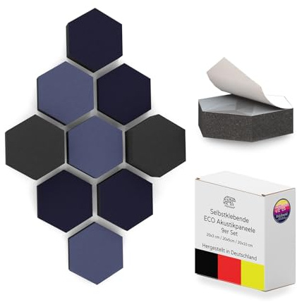 PolySound ECO Akustikpaneele - selbstklebendes 3D-Hexagon-Design - Schallschutz für Büro, Gaming & Wohnen - wiederverwendbar & rückstandslos entfernbar - 9er Set (3-10 cm) - Deep Blue Sea