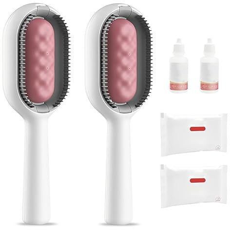 Pet Hair Cleaning Brush, 2Pcs 4 In 1 Universal Pet Knots Remover with Water Tank and Wet Wipes Self Cleaning Cat Brush Pet Grooming Comb Cat Hair Brush for Removing Loose Fur (long+short,Pink)