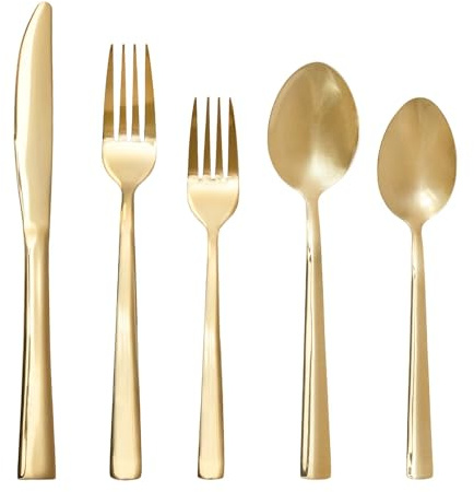 Intirilife Besteck Set 20-Teilig aus Edelstahl in Gold - 20 Teile für 4 Personen - Je 4 Gabeln, Kuchengabeln, Messer, Löffel, Dessertlöffel - Essbesteck Kantig Spülmaschinenfest Tafelbesteck