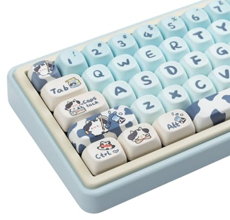 Cmokifuly MOA Profile Keycaps,Cute Cow Custom PBT Dye-sub Keycap 142 Keys for Mechanical Keyboard Full-Size Keycap Set (Blue Cow)