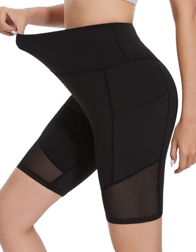 SIMIYA Radlerhose Damen Kurze Sporthose Leggings High Waist Mesh Gespleißtes Bein Sportshorts Doppelte Taschen für Yoga Gym（Schwarz-Mesh Gespleißtes，XL）