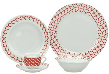 Set Servizio da 30 Pezzi da Tavola con Piatti, Ciotole e Tazze - Servizio da Tavolo con Decorazione a Scacchi, in Porcellana, Bianco e Rosso
