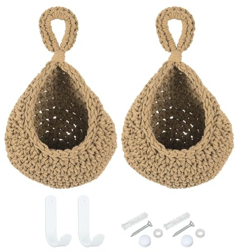 PATIKIL Hanging Fruit Baskets for Kitchen, 2 Pack Mini Size Teardrop Home Decor Storage Hand-Woven Hanging Baskets for Garlic Potato Vegetable, Brown