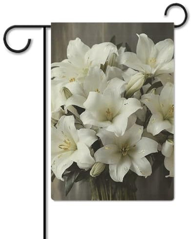 Gartenflagge, weiße Lilienstrauß-Druck, Outdoor-Flagge, Leinen, Gartenflagge für Hof, Terrasse, Veranda, Ganzjahres-Gartenflagge, Freund, Geschenkflagge