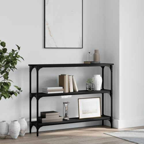FENLAX Konsolentisch mit Ablagen 100x22,5x75 cm Eingangsbereich Akzenttisch Konsolentisch schmal Flurtisch mit Ablagen Ausstellungstisch Wohnzimmermöbel Holzwerkstoff&Metall Schwarz