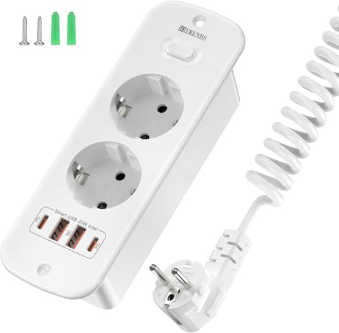 Bordsskiva infällbart uttag med USB C PD20W, 2-vägs inbyggt uttag, 2 m spiralkabel fjäderkabel, 230 V/16 A, inbyggt grenuttag för kontor hemmakontor kök – vit