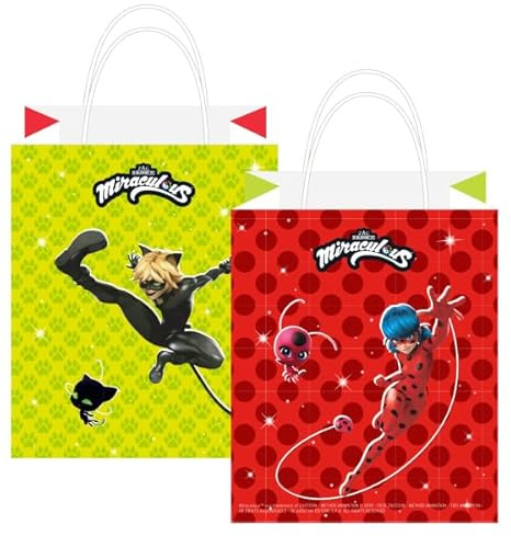 8 Papier-Partytüten * MIRACULOUS LADYBUG * für Mitgebsel zur Mottoparty und Kindergeburtstag | Größe: 130 x 310cm, aus Papier, mit Tragegriff | Superheldin Party Geburtstag Kinder