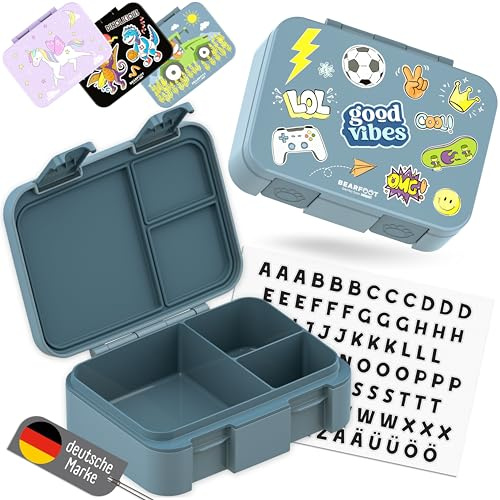 BEARFOOT COMPACT Bento-matlåda | BPA-fri mellanmålslåda för barn för skola och förskola | läckagesäker lunchlåda för flickor och pojkar (blå klistermärke, 650 ml)