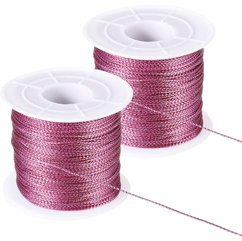 PATIKIL 656 Feet / 218 Yard Metallic Cord Tinsel Ornament String, 1mm Tag Cord Non Stretch Twine Thread for Gift Wrapping Craft Jewelry Making, Pink 2 Spool