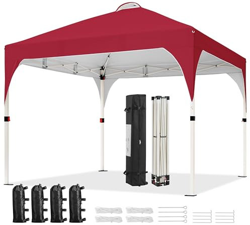 Yaheetech Pop Up Gazebo, 3x3m Instant Foldinng Shelter with Wheeled Bag, 4 Sandbags, 4 Ropes, 12 Stakes, Metal Frame, Adjustable Height, Top Air Vent, Red