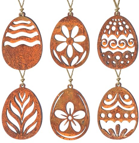 Scinzene 6 Stück Set Osterdeko Ostereier Rost, Größe 10x7cm, Ostereier Zum Aufhängen, Osterdeko Outdoor, Deko Zum Aufhängen Mit Seil Für Ostern Party Dekorationen