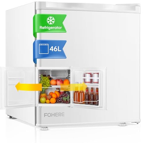 FOHERE Mini Fridge with Ice Box, 46L Table Top Larder, Reversible Door, 7 Adjustable Temperature Levels, E rated, 42 dB Low Noise, Adjustable Feet, Energy Efficient, White