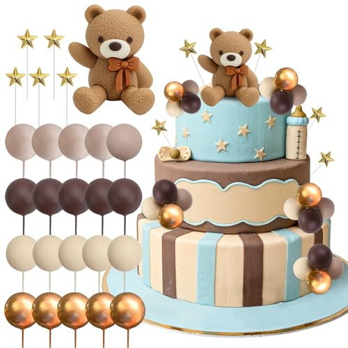 QGGTQG Orsacchiotto decorazione per torte, 26 pezzi, topper per torta di compleanno con palline, orsacchiotto, decorazione per torte, battesimi, giovani, reveal per feste di compleanno, feste a tema