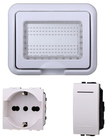 Kit Placca Scatola 503 Premontato IP55, 3 Moduli Presa Schuko 10/16A + Interruttore, Compatibile Con Bticino Living, Colore Bianco, Placca Stagna Idrobox Incasso Da Esterno