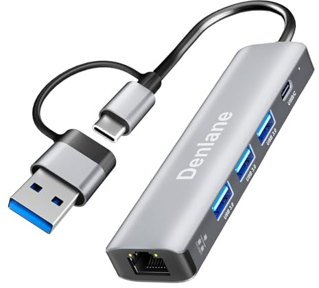 Denlane USB C USB 3.0 to Ethernet Adapter, 5 in 2 Gigabit USB Ethernet Hub for Laptop with 4-Port USB-A 3.0 and USBC, 1000Mbps RJ45 LAN Network Adapter Compatible with MacBook/iPad Pro/Phone/Tablet