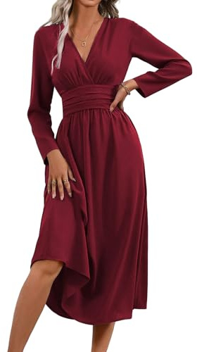 LIAMERHE Women's Winter Maxi Dress V-Neck Wrap Long Sleeve Spring Sundress Ladies Casual Elegant Plain Boho Dresses High-Waisted Beachdress for Autumn Burgundy L