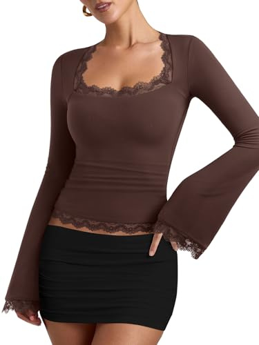 REORIA Women's Square Neck Double Lined Lace Trim Long Sleeve Shirts 2026 Winter Fall Fashion Casual Slim Fitted Tops Brown