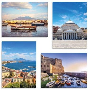Set 4 Quadri 40x30 cm - Stampa su Tela con telaio in legno - Napoli – Panorama Napoli Vesuvio