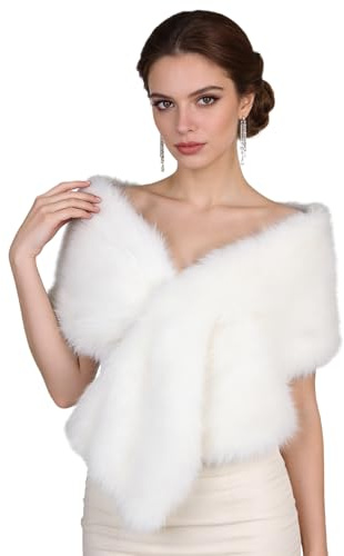 Minicoco Women's Bridal Jacket Fur Winter Warm Fur Products Evening Wedding Dress (White)