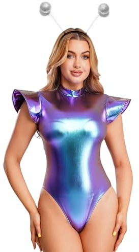Freebily Costume da Alieno Donna con Cerchietto Alieno Wetlook Body da Spazio Lucido Leotard Body Danza Ginnastica Tuta Spaziale Astronauta Costume Carnevale Halloween Blu M