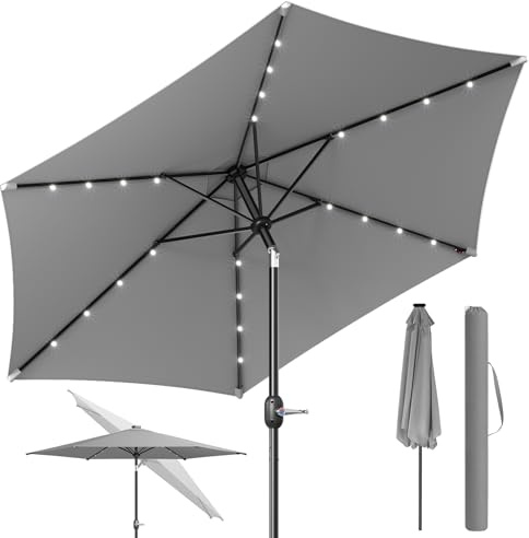 WOLTU Ombrellone da Giardino Rotondo con Luci LED Solari, Ø 300 cm, Ombrellone a Manovella, Inclinazione Regolabile, Protezione Solare UV 50+, per Balcone, Terrazza, Grigio Scuro