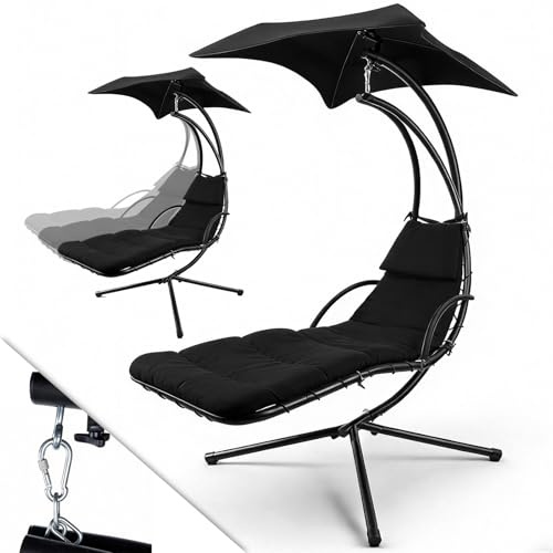 Verdego Schwebeliege mit Sonnendach, Schaukelliege Outdoor, Hängeliege mit Gestell, Polsterauflage, Kopfkissen, bis 120 kg Belastbar, Schwingliege für Garten, Terrasse und Balkon, Anthrazit