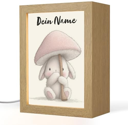 OnlyWow© Nachtlicht Kinder Mit Name Baby Lampe Kinderzimmer | 15x20 cm - Kindernachtlicht Personalisiert Stilllicht Kinderlampe Pilz - Kaninchen - Rosa