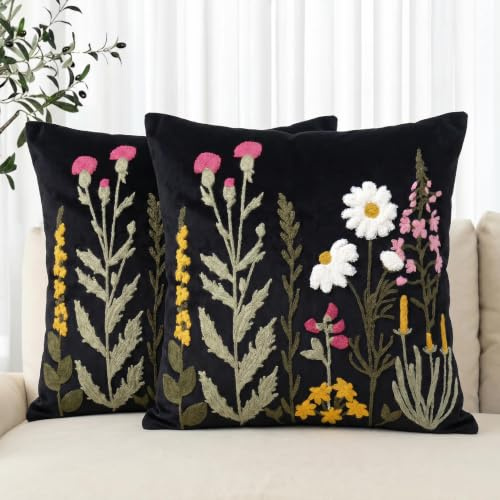 Artoid Mode Black Chain-stitch Flower Halloween Cushion Covers 45x45cm 2PCS | Antique Herbs Decorative Pillow Case Cover Sofa Room Decor