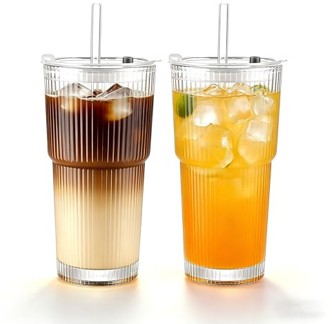 newgulzar Juego de 2 Vasos de Cristal 600ml con Tapa y Pajita | Vasos Acanalados, Para Café Helado, Batidos y Zumos, Bebidas Frías, Para Casa y Viaje