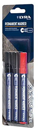 LYRA Permanent Marker Rundspitze fein 1–4mm sortierte Farben Blister 3 Stk. | 2x schwarz/1x rot, ideal geeignet für professionelle, lichtbeständige Markierungen, schnell trocknende, permanente Tinte