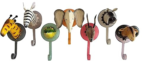 Pape Kunstgewerbe 7 Bunte Wandhaken Wildtiere Safari aus Metall handbemalt je ca 16 x 9 cm. Kleiderhaken Kinderzimmer Wandgarderobe