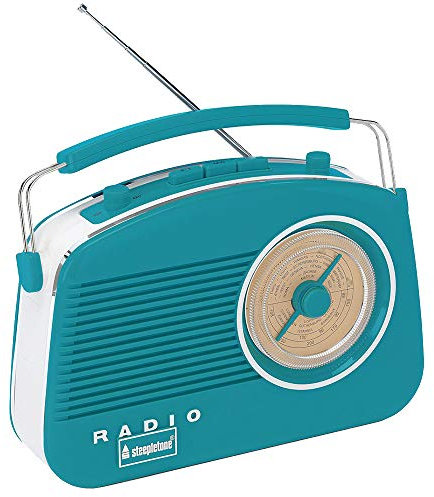 Steepletone Brighton Retro Radio 2B, Mains Electric / Battery Powered. Shabby Chic Nostalgic 1950's Style Rotary Radio FM & AM (MW) + Link Mobile Smart Phone Music Play (Duck Egg BLUE)