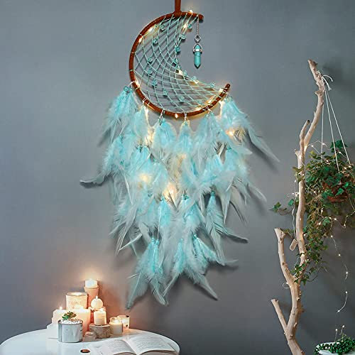 Dremisland Moon Dream Catcher with LED Fairy Lights Handmade Indian Dreamcatcher Kids Bedroom Accessories Green Feather Lucky Turquoise Pendant Wall Hanging Decoration for Home Bedroom Chritsmas Gift