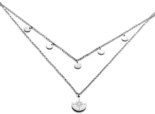 Kim Johanson Edelstahl Damen Multilayer Halskette *Coin & Kompass* in Silber mit 5 runden Plättchen (2 x Ketten Set) Boho Schmuck Kette verstellbar inkl. Schmuckbeutel