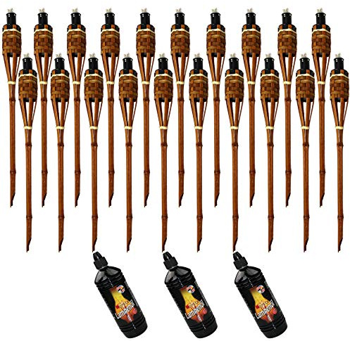 20x Bambusfackeln Fackel Deluxe 90 cm dunkelbraun + 3x 1000ml Lampenöl Gartenfackel Ölfackeln Garten Deko Öllampe Wegleuchte