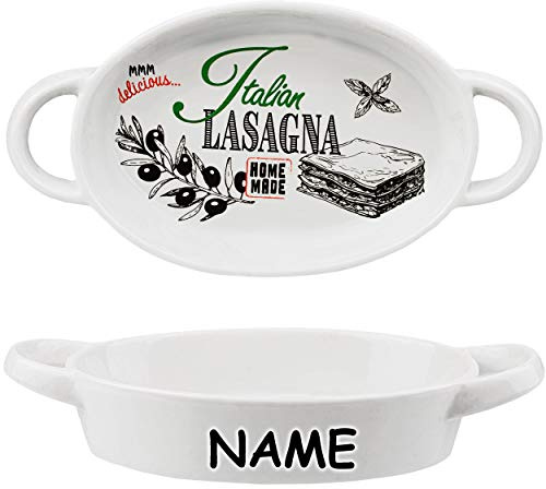 alles-meine.de GmbH 2 TLG. Set kleine Auflaufformen/Ofenformen - Italian Lasagne - inkl. Name - Porzellan/Keramik - oval/rund - weiß - 15 cm - Gratinformen - Lasagneforme..