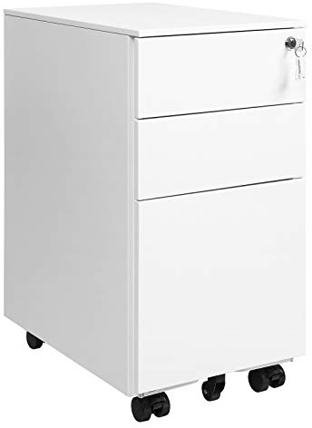 SONGMICS Mobile File Cabinet, Office Cabinet with Wheels and Lock, for A4, Legal, Letter Sized Documents, Hanging File Folders, White OFC031W01