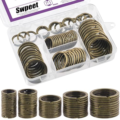 Swpeet 60 st brons blandade mångsidiga metall nyckelring ringar delade nyckelringar platt O-ring för hem bilnycklar fästen nycklar hängen – 20 mm, 25 mm, 30 mm, 35 mm, 38 mm