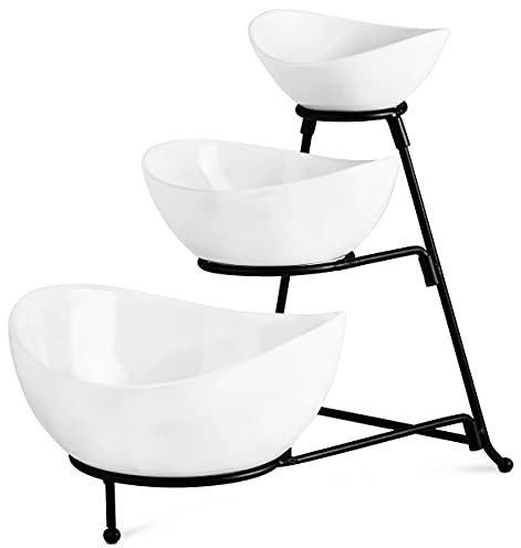 YHOSSEUN 3 Tier Serving Stand with 3 Oval Porcelain Serving Bowl Set with Collapsible Thicker Sturdier Metal Rack (Black)