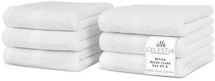Villa Celestia 100% Cotton Wash Cloth for face & Body Set of 6, (12 x 12 inches) Sustainable, Soft, Highly Absorbent, Combed Cotton Wash Cloths Pack of 6 for Hotels, Spa, Bathroom, Dorm, White