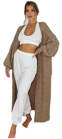 Candid Styles Ladies Long Maxi Knitted Cardigan Balloon Sleeve 2 Pocket Womens Open Front Boyfriend Cardigans Top (Light Brown, 8-14)