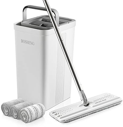 BOSHENG Serpillère et seau avec essoreur, balai plat et seau, avec 3 serpillères en microfibre pour le nettoyage du sol, utilisation humide et sèche pour le nettoyage de la maison – Blanc