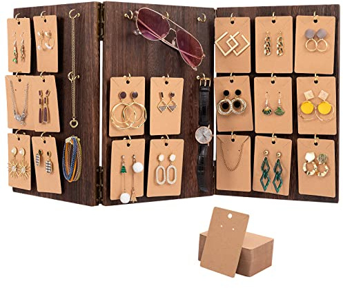 Aulock Schmuckständer aus Holz, 3-seitig, für den Verkauf von Ohrringen, Ringen und Schlüsselanhängern, mit 27 Haken und 100 Ohrringkarten für Geschäft, Vitrine und Zuhause (braun)