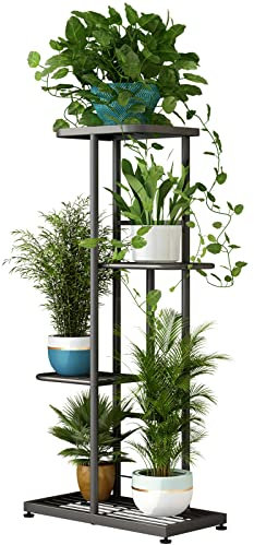LINZINAR Support de plante en métal à 4 niveaux et 5 pots de fleurs pour intérieur et extérieur - Étagère de présentation pour terrasse, jardin, coin balcon, salon (4 niveaux, 5 pots, gris foncé)