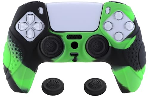eXtremeRate PlayVital Funda de Silicona para ps5 Mando | Carcasa Protectora, Tacto Suave, Agarre Antideslizante, 2 Tapas para Joystick, Edición Guardian, Verde Negro