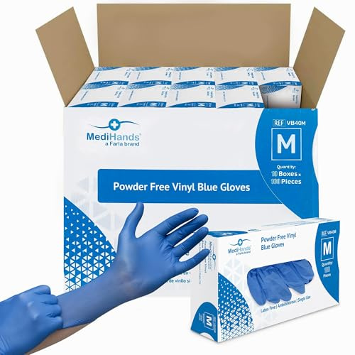 MediHands Vinyl Blue Medium Vinyl Examination Gloves - Case of 1000 Disposable, Powder-Free, Latex-Free, Protein-Free Medical Gloves - Multi-Purpose, Single-Use